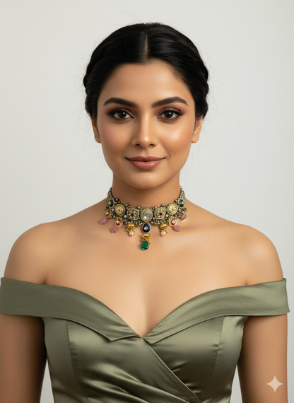 Brass Handmade Choker Necklace with Multicolour Stones & Pearl Drops