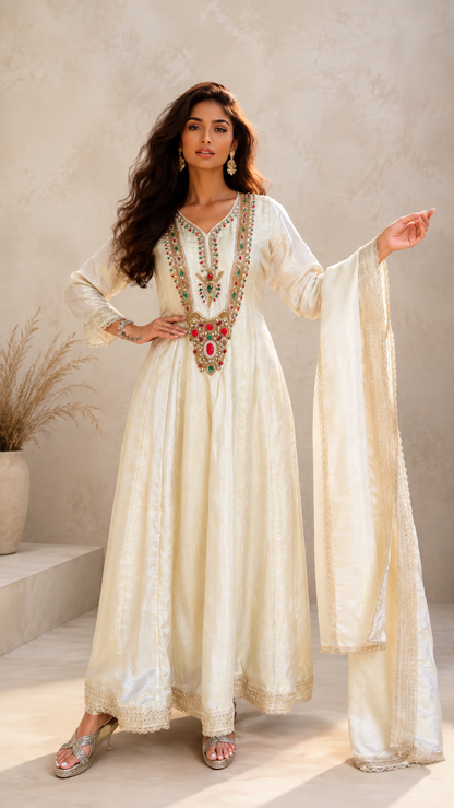 Premium ivory shimmer tissue Anarkali set with red green and gold jewel work on the yoke and matching dupatta.