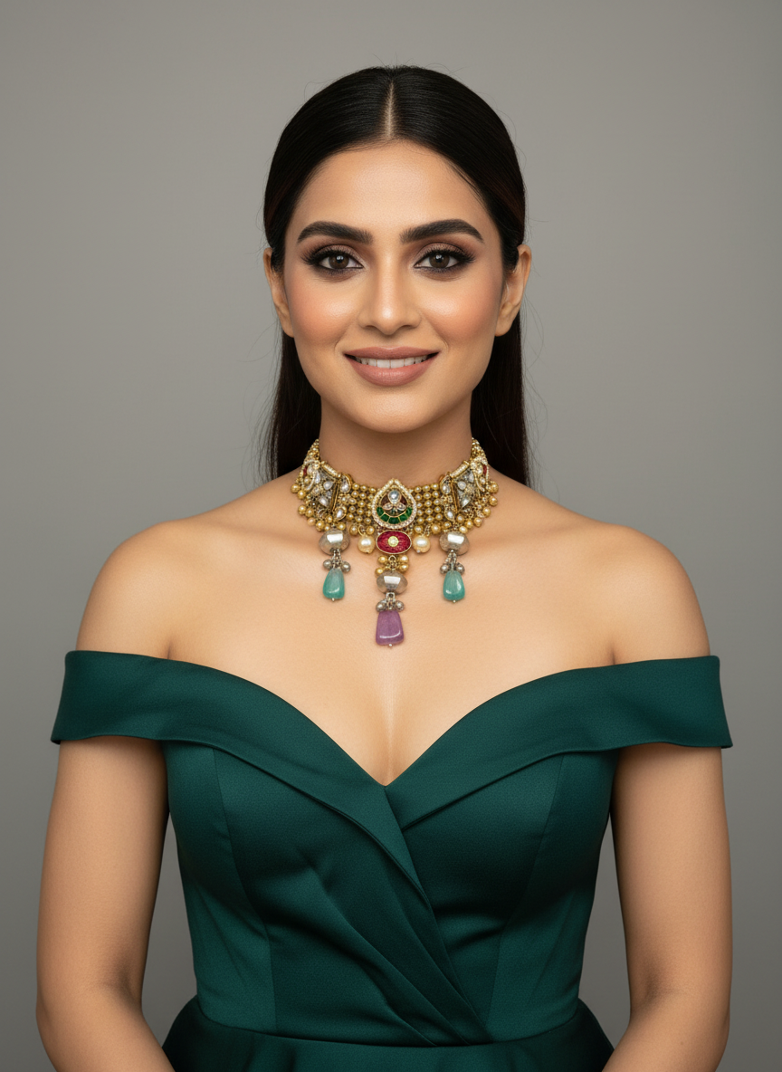 Fusion Choker with Paachi and Kundan Stones