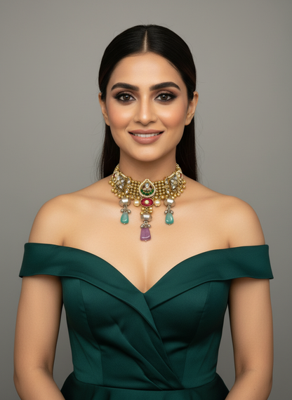 Fusion Choker with Paachi and Kundan Stones