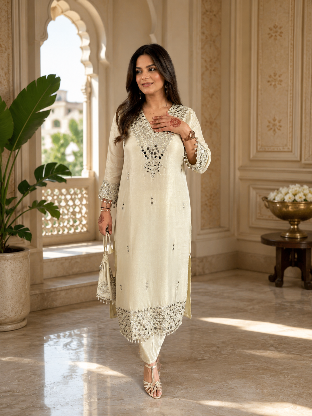 Woman wearing an elegant Real Mirror Work Tissue Long Shirt Co-Ord Set with matching pants, photographed in a luxurious palace-inspired interior, showcasing premium Indian ethnic fashion by Adishee.
