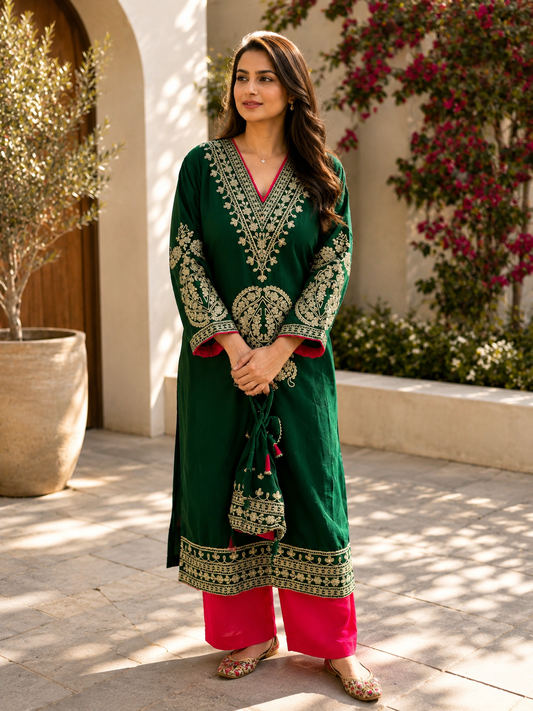 Bottle green embroidered kurta set with gold detailing and pink pants for women by Adishee.