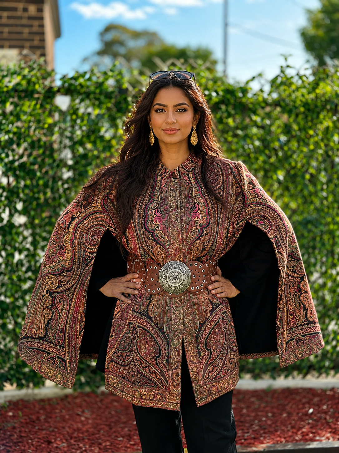 Paisley print Indo-Western cape jacket set with belt and black pants for women by Adishee.