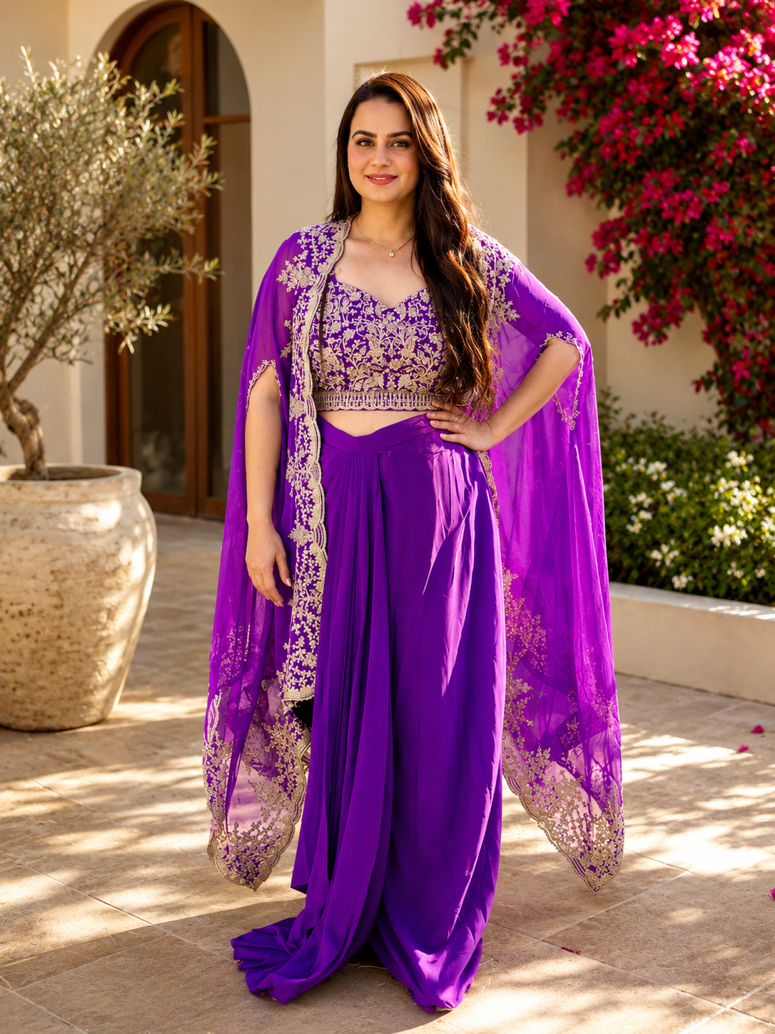 Purple embroidered lehenga set with gold blouse detailing, flowy skirt, and cape dupatta for women by Adishee.