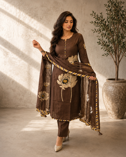 Brown Russian silk printed suit set with floral motifs, straight-fit kurta, matching trousers, and coordinating dupatta for festive and ethnic wear by Adishee Australia.