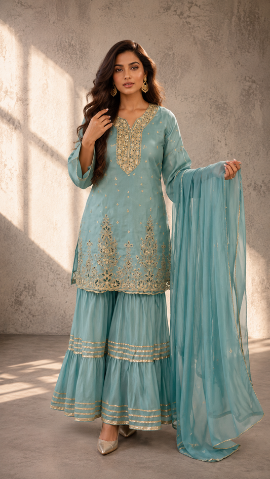 Aqua blue embroidered sharara set with matching dupatta and gold detailing for women by Adishee.