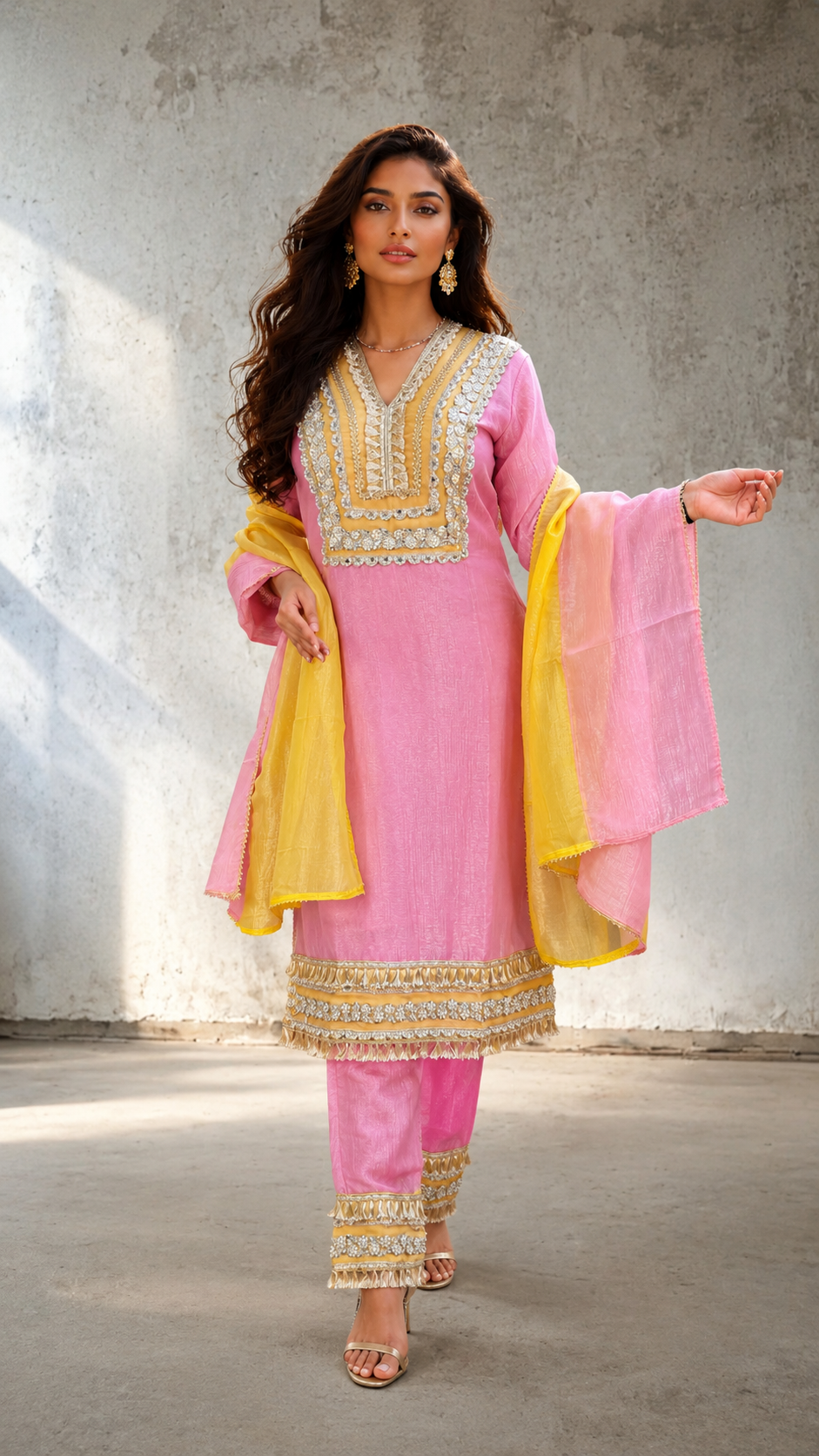 Pink embroidered kurta set with matching pants with dupatta, gold detailing, and festive traditional design for women by Adishee.