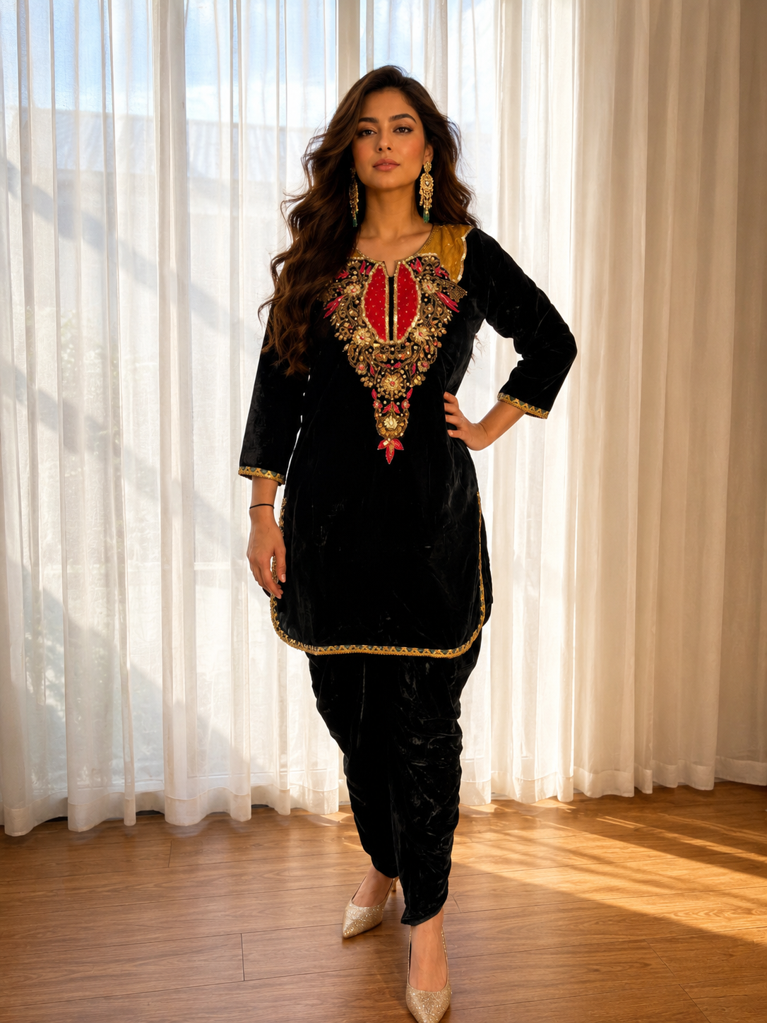 Bottle green velvet embroidered kurta set with red and gold neckline detailing for Indian festive wear