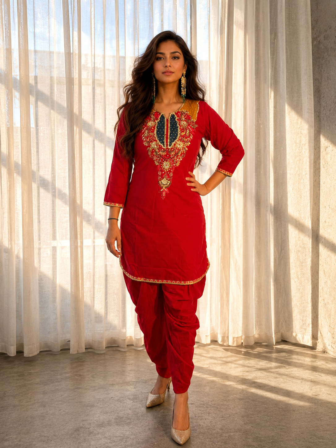 Pink velvet embroidered kurta set with red and gold neckline detailing for Indian festive wear