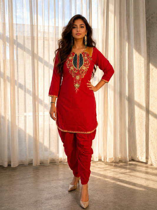 Pink velvet embroidered kurta set with red and gold neckline detailing for Indian festive wear