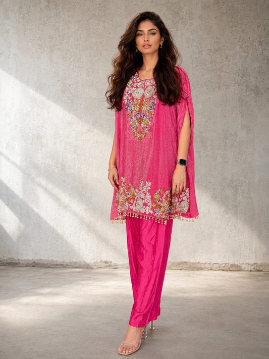 Pink embroidered cape-style kurta set with matching pants and colourful floral detailing for women by Adishee.