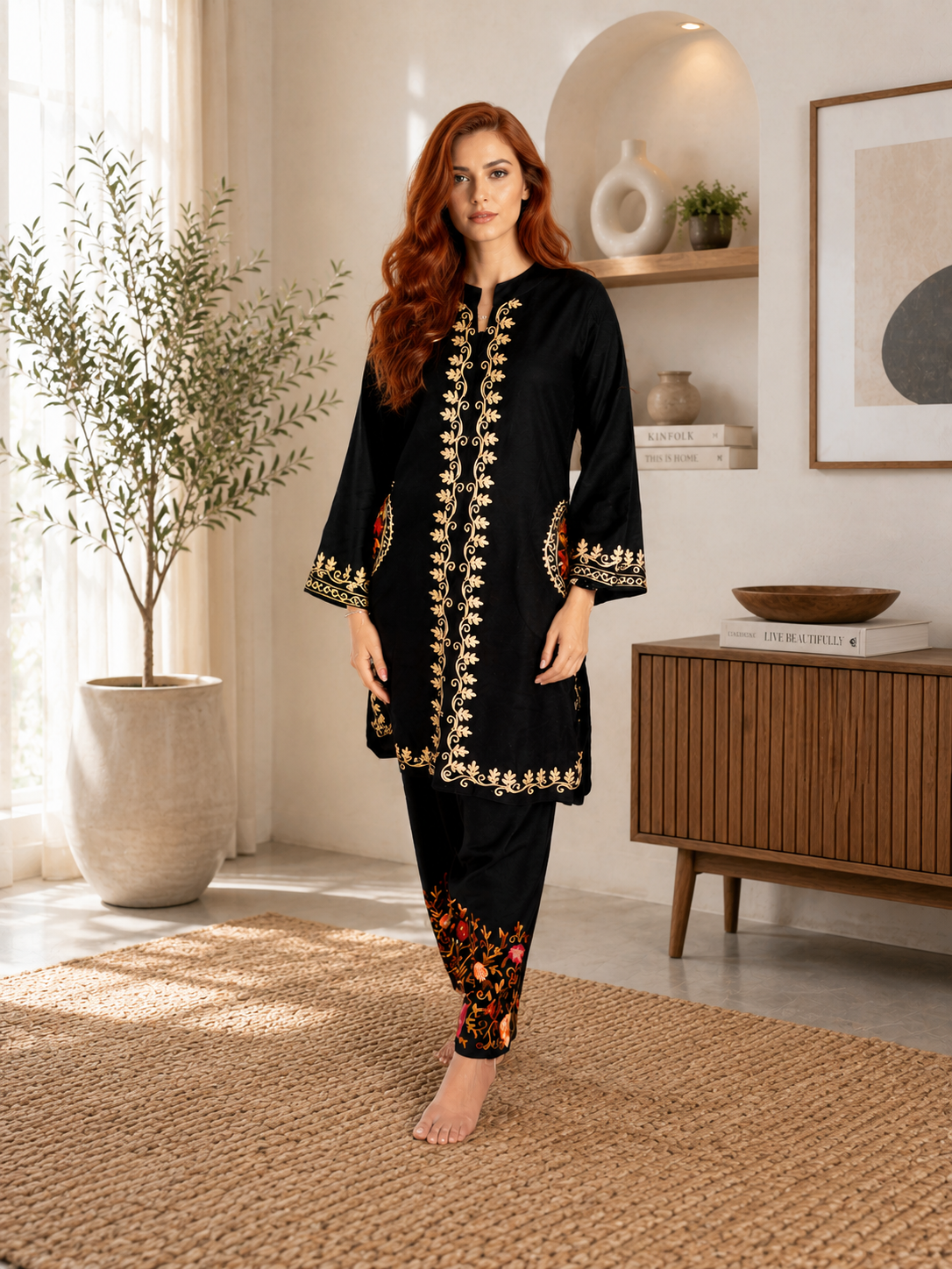 Black embroidered kurta set with matching pants for Indian festive wear from Adishee