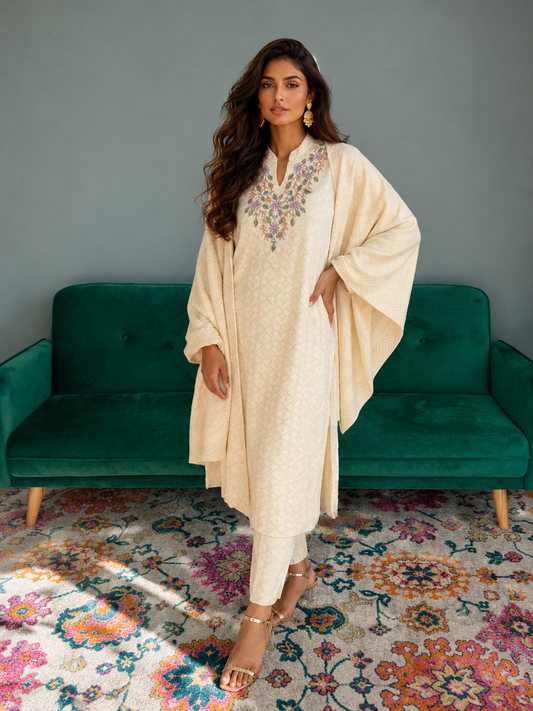 Cream embroidered kurta set with matching pants and shawl for Indian festive wear from Adishee