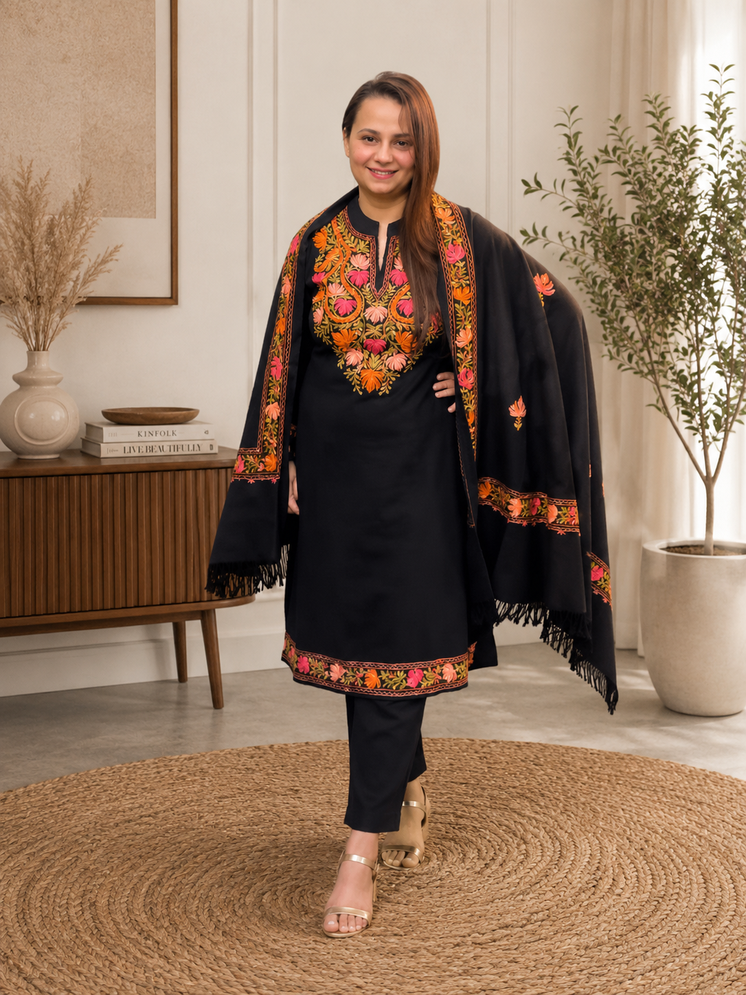 Premium Woollen Kashmiri Suit in black with matching pants and floral shawl from Adishee
