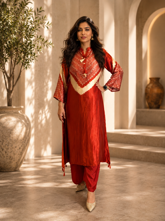 Women's red crepe long co-ord set featuring a printed long kurta with matching straight pants, perfect for festive, office, and casual wear by Adishee Australia.