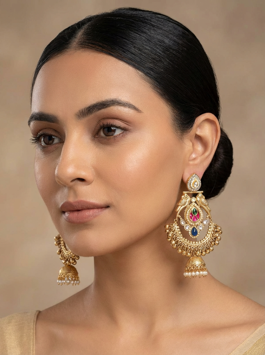 Chandbali Style Earning with Paachi and Kundan Stones