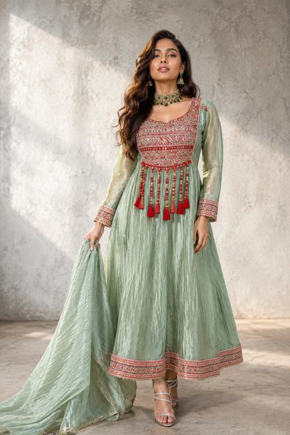 Sage green Crush Shimmer Tissue Anarkali with red and gold embroidery, tassel detailing and matching dupatta.