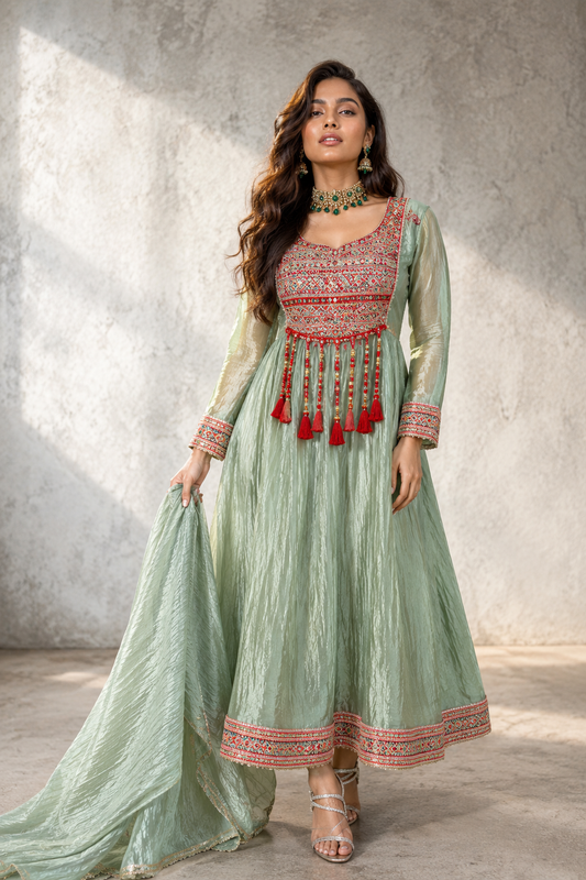 Sage green Crush Shimmer Tissue Anarkali with red and gold embroidery, tassel detailing and matching dupatta.