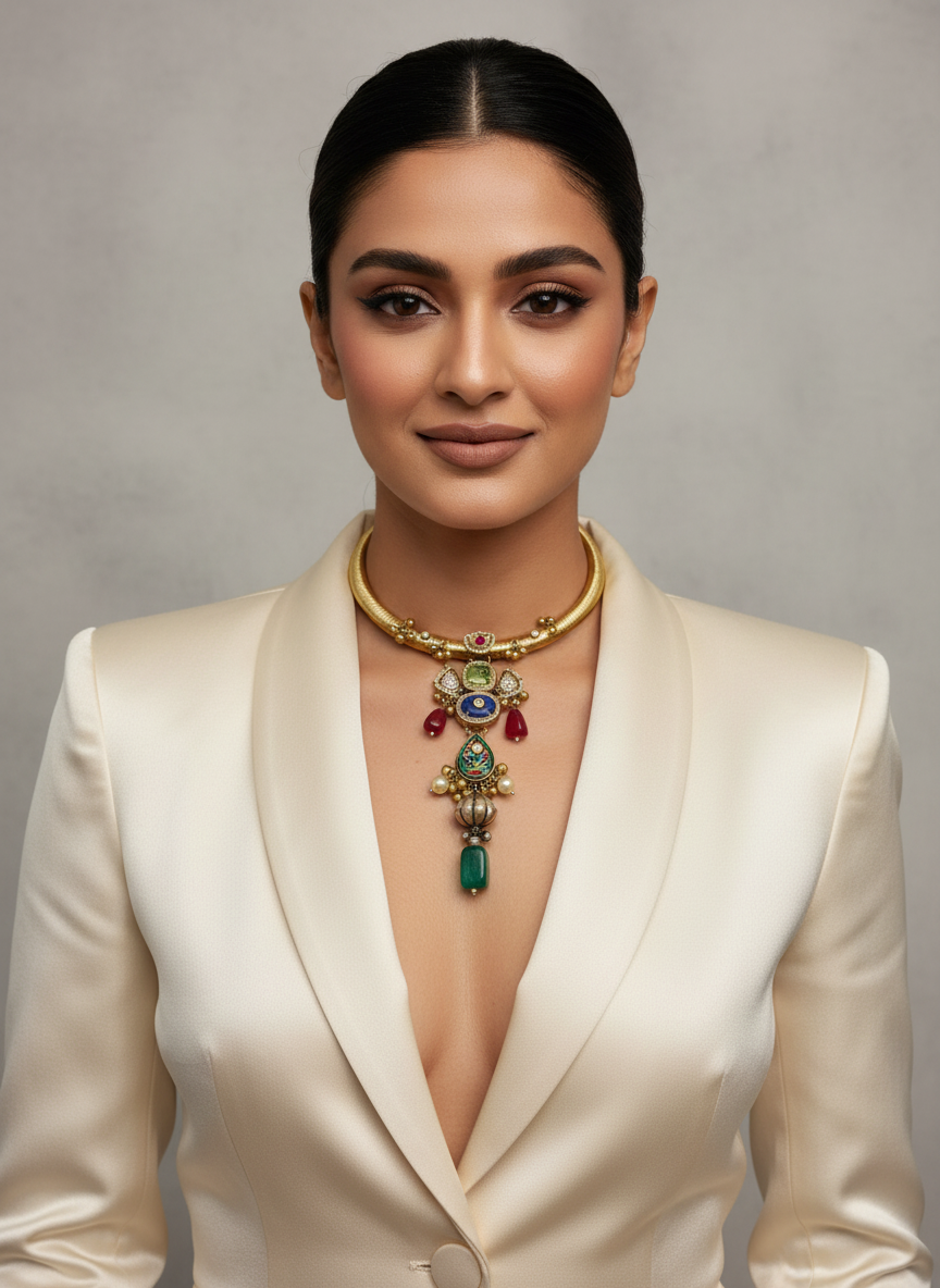Gold Tone Hasli Necklace with Multicolour Stone Drops
