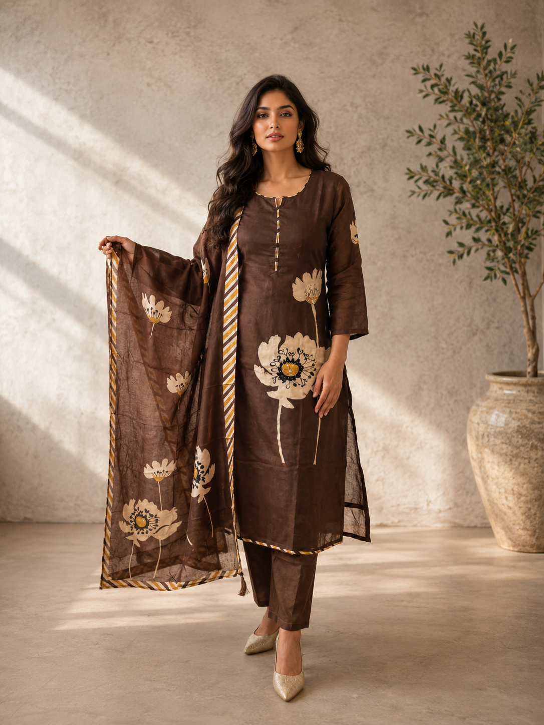 Brown Russian silk printed suit set with floral motifs, straight-fit kurta, matching trousers, and coordinating dupatta for festive and ethnic wear by Adishee Australia.