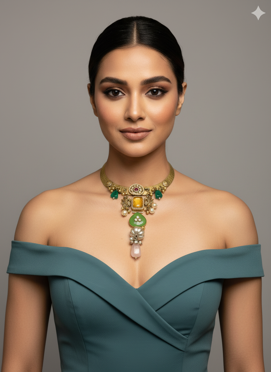 Hasli Necklace with Green Stone Drop
