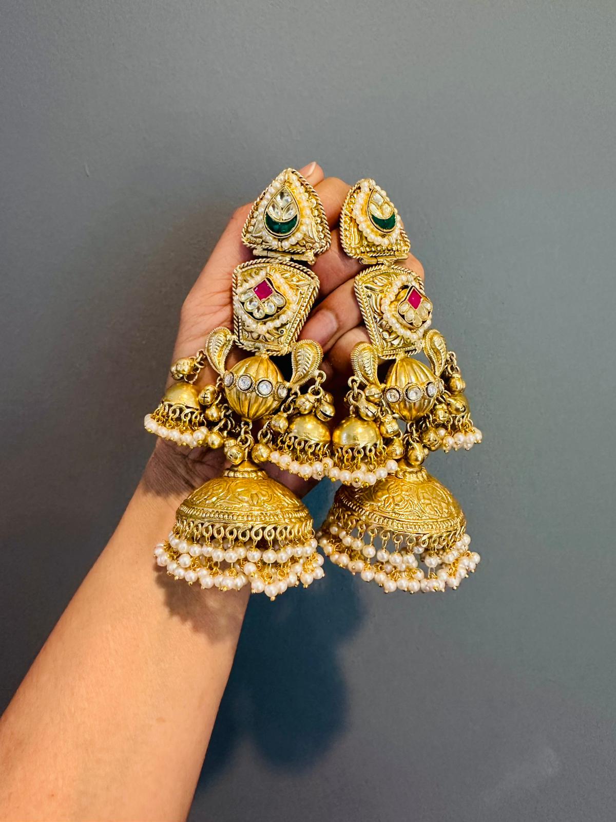 Statement Long Jhumka with Kundan and Pearl Drops