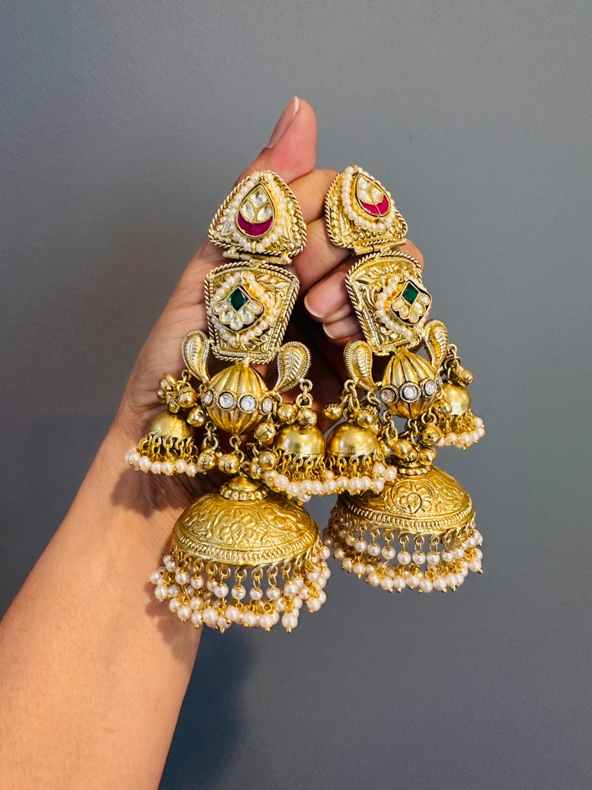 Statement Long Jhumka with Kundan and Pearl Drops