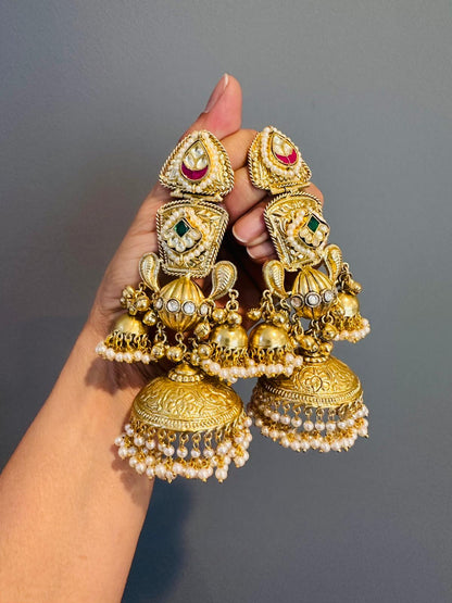 Statement Long Jhumka with Kundan and Pearl Drops