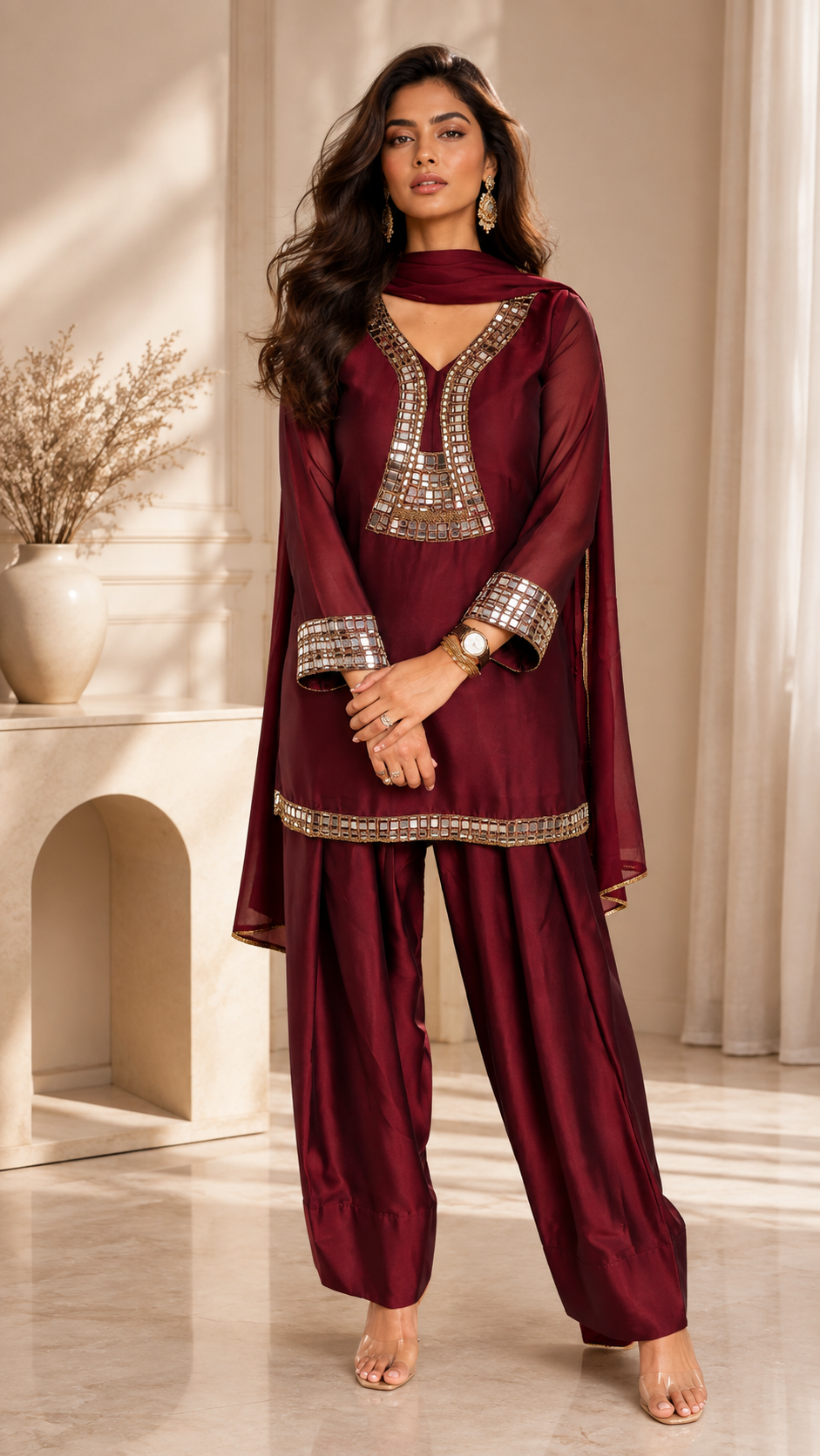 Wine Georgette silk Farshi suit with real mirror work and matching dupatta.