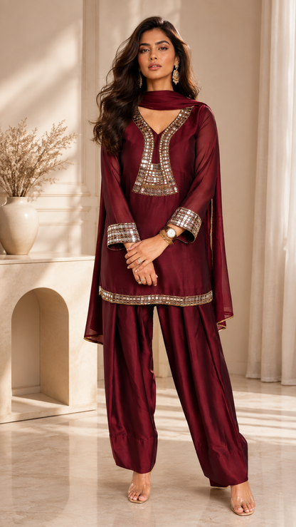 Wine Georgette silk Farshi suit with real mirror work and matching dupatta.