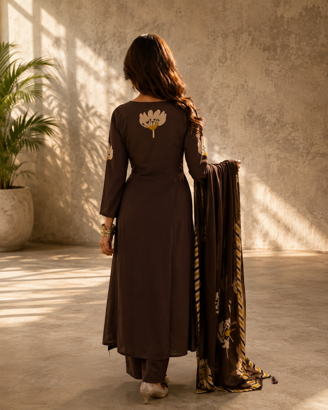 Back view of a brown Russian silk printed suit set with matching dupatta and straight-fit trousers, showcasing the elegant rear design by Adishee Australia.