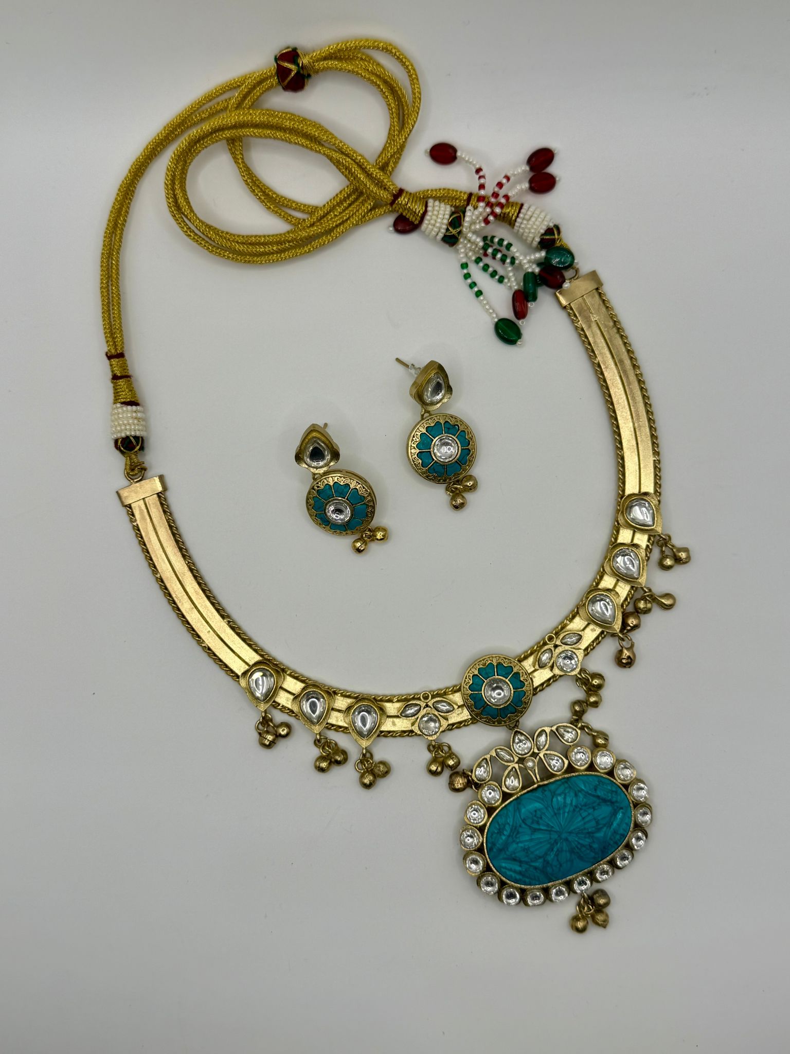 Turquoise Brass Handmade 92.5 Polish Hasli Necklace Set with Earrings
