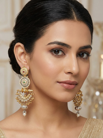 Brass Antique Drop Earrings with Pearl & Stonework