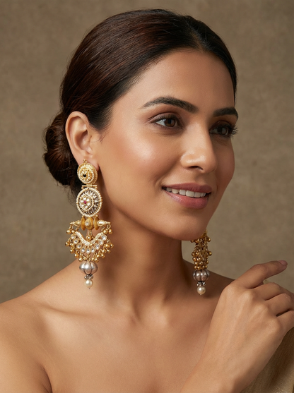 Brass Antique Drop Earrings with Pearl & Stonework