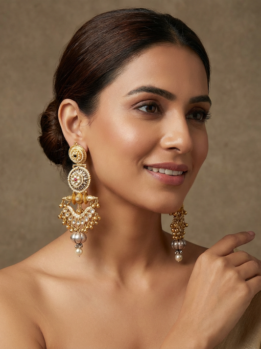 Brass Antique Drop Earrings with Pearl & Stonework