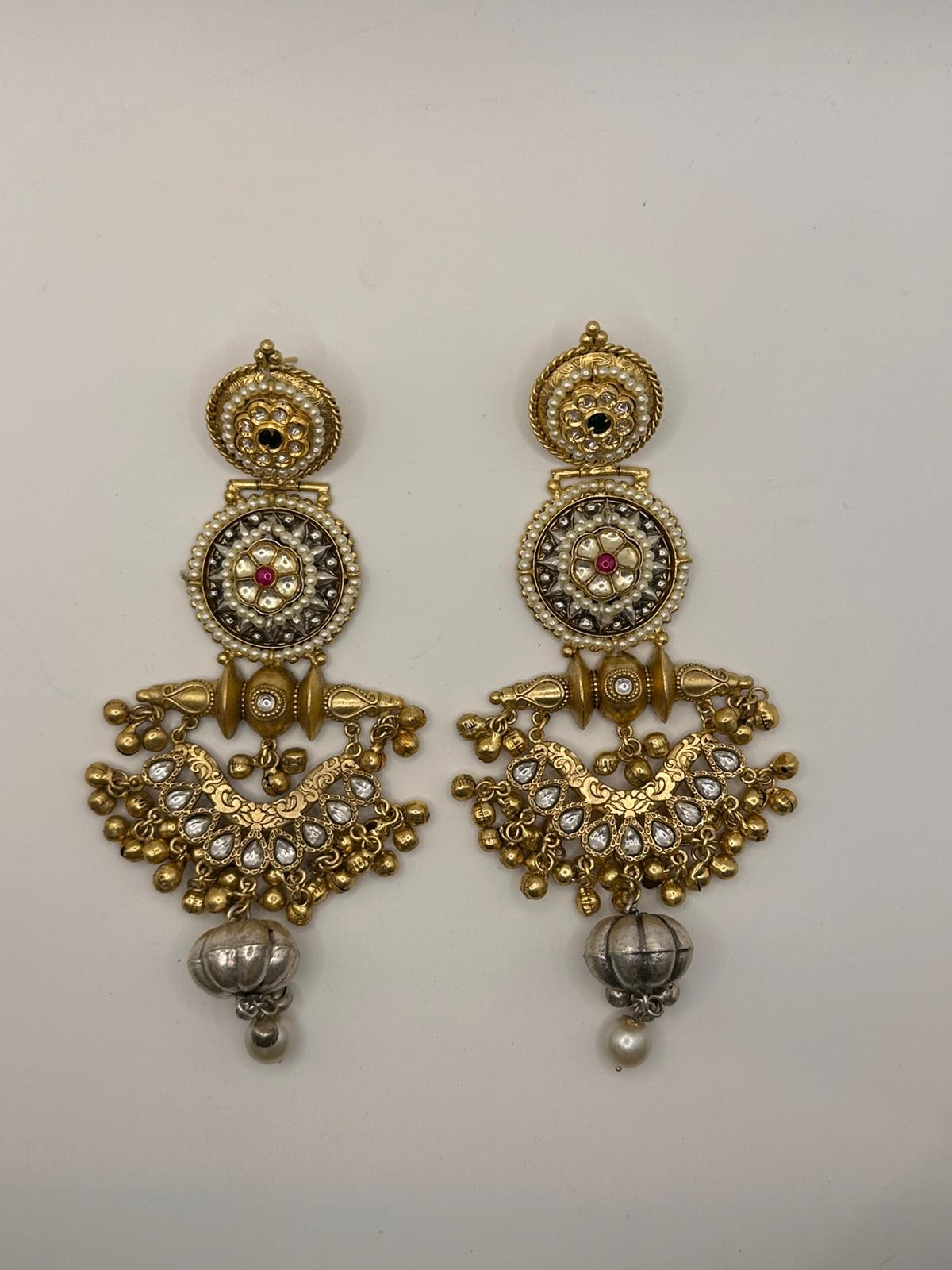 Brass Antique Drop Earrings with Pearl & Stonework
