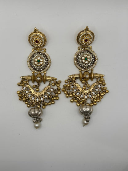 Brass Antique Drop Earrings with Pearl & Stonework