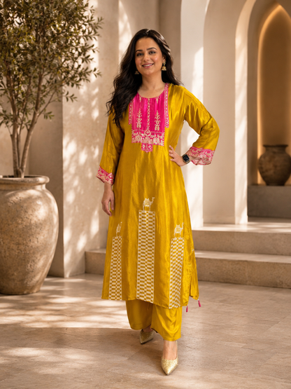 Women's mustard yellow and pink crepe long co-ord set featuring a printed kurta with matching straight pants, perfect for casual, office, and festive wear by Adishee Australia.