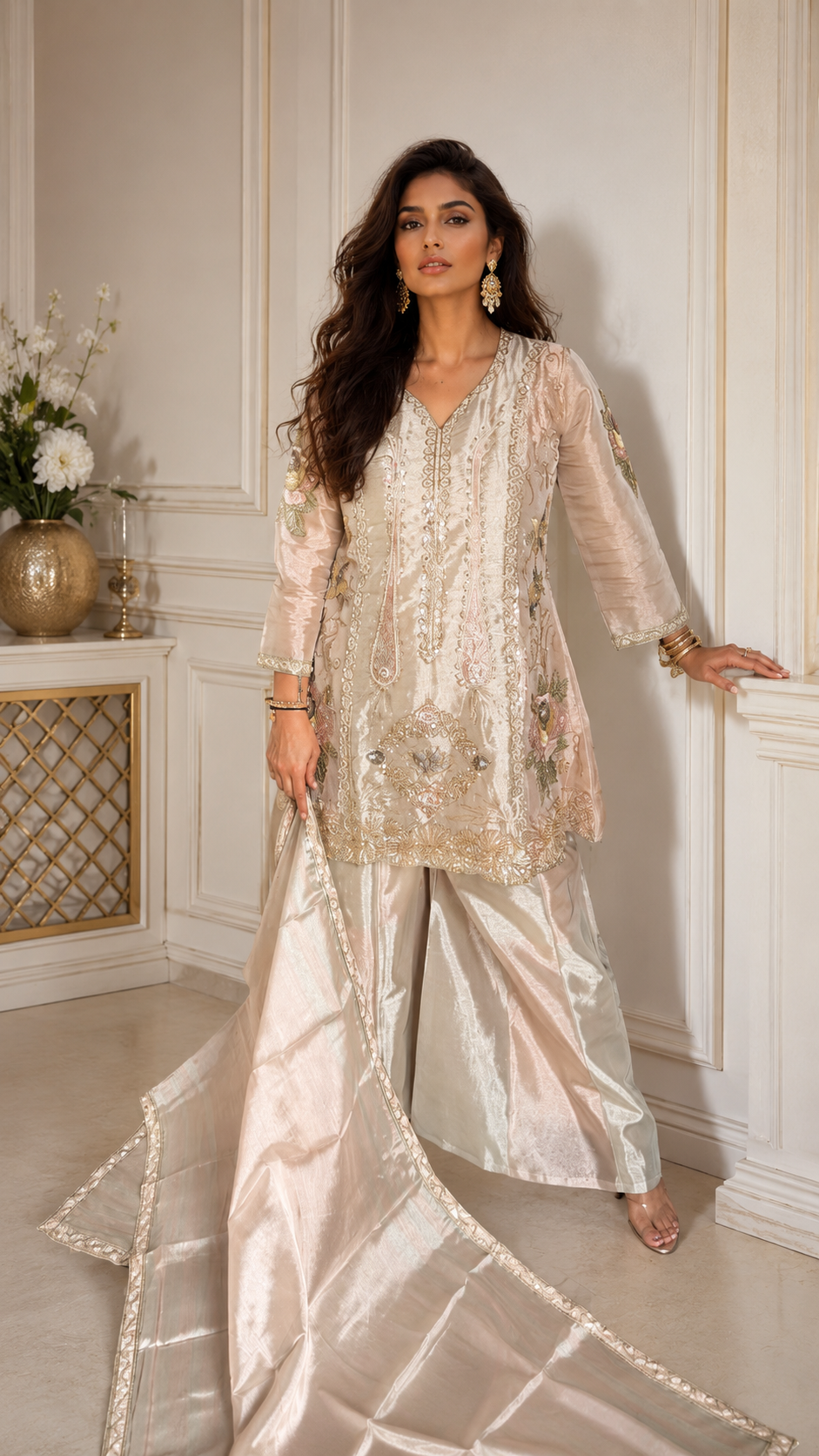 Ivory soft tissue suit with heavy embroidery, wide-leg pants and matching dupatta.