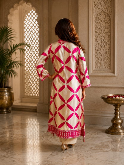 Back view of women's ivory and fuchsia crepe long co-ord set with geometric print and matching straight pants, showcasing the full rear design by Adishee Australia.