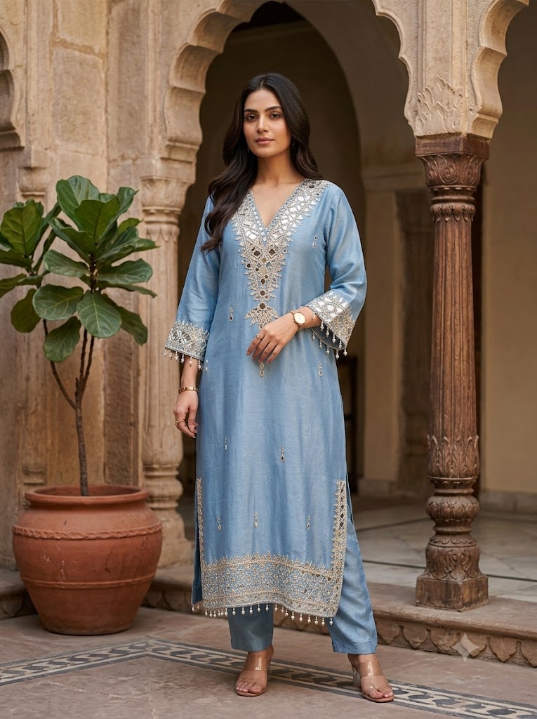 Real Mirror Work Tissue Long Shirt Co-Ord Set