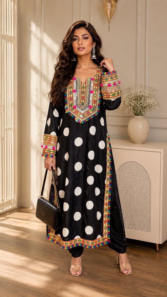 Palki black cotton rayon Chogha set with white polka dots, multicolour embroidery and pom-pom detailing.