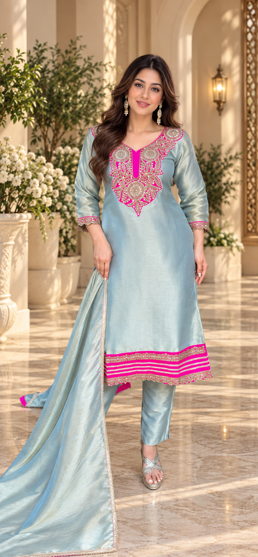 Ice blue Giraffe Tissue 3-piece set with hot pink and gold embroidery, matching pants and dupatta.