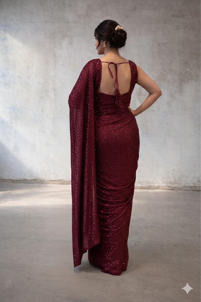Wine Sequin Party Ready To Wear Saree