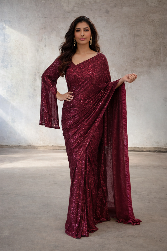 Wine Sequin Party Ready To Wear Saree
