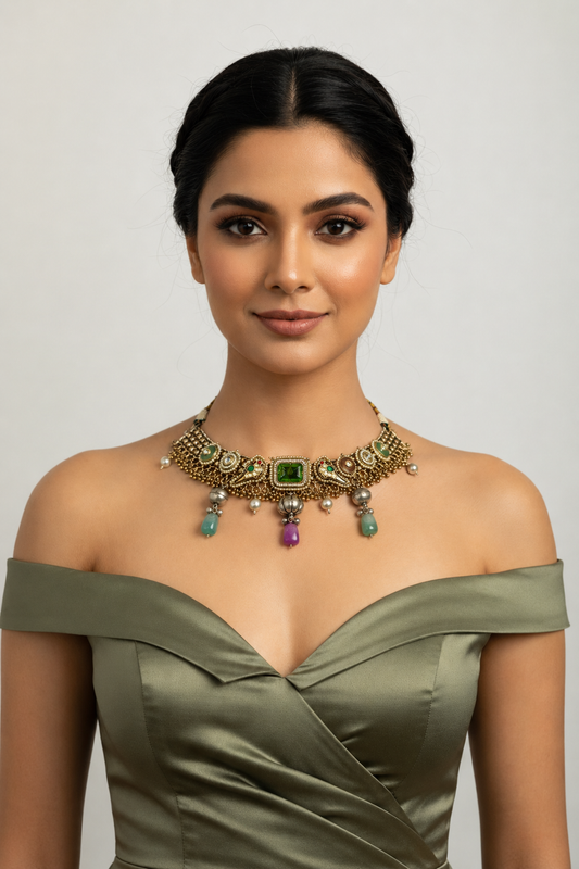 Fusion Choker Featuring Green and Pink Gem Stones