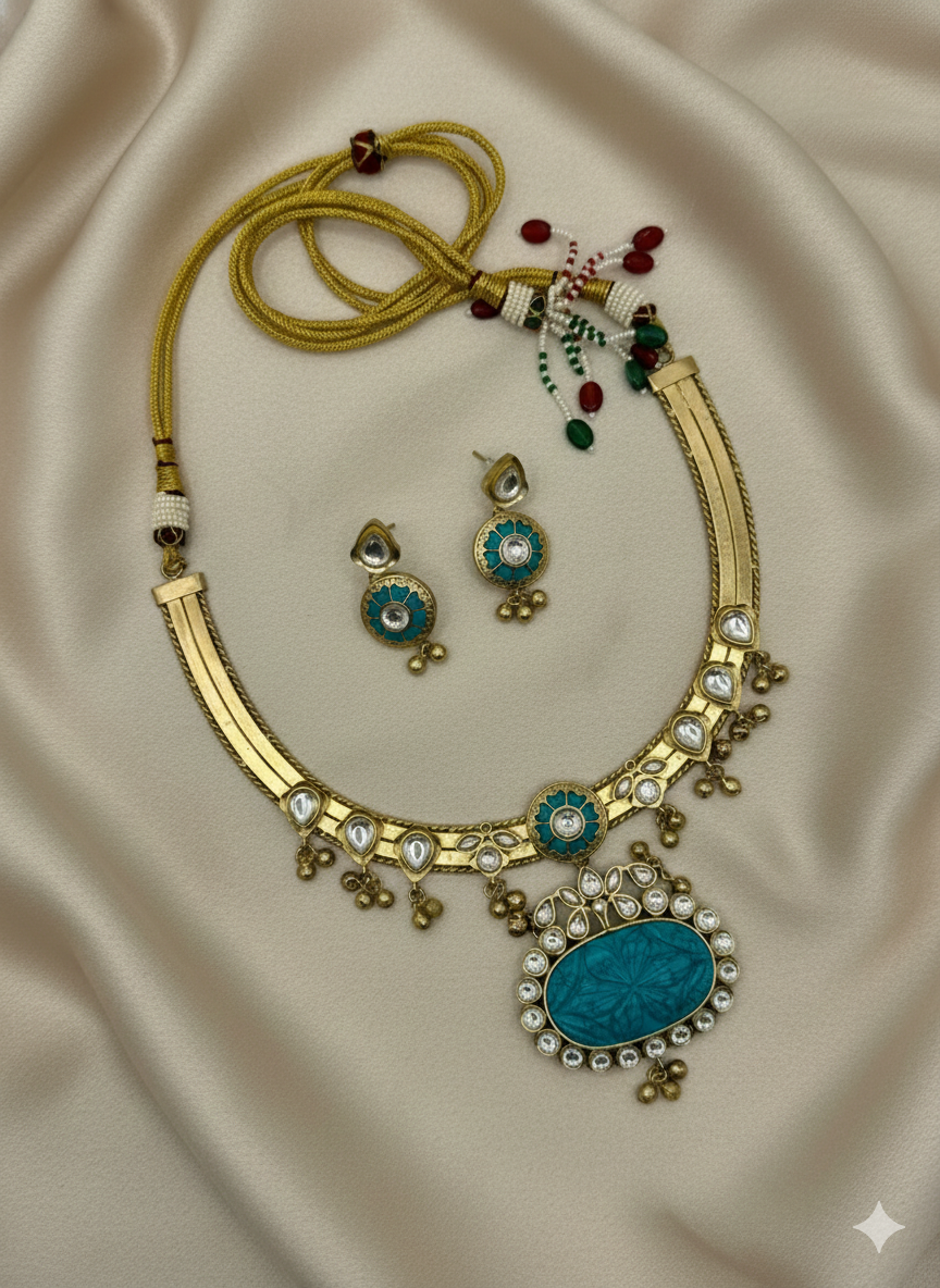 Turquoise Brass Handmade 92.5 Polish Hasli Necklace Set with Earrings