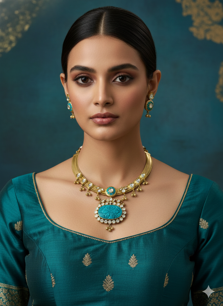 Turquoise Brass Handmade 92.5 Polish Hasli Necklace Set with Earrings