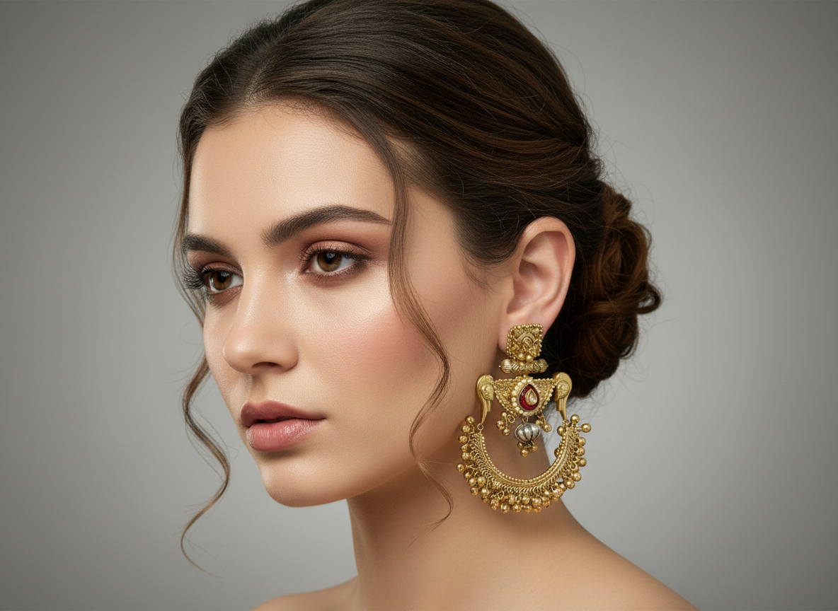 Indian Earrings Australia | Antique Brass Chandbali Earrings with Ghungroo