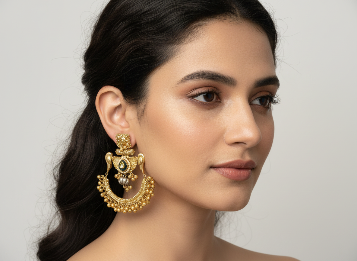 Indian Earrings Australia | Antique Brass Chandbali Earrings with Ghungroo
